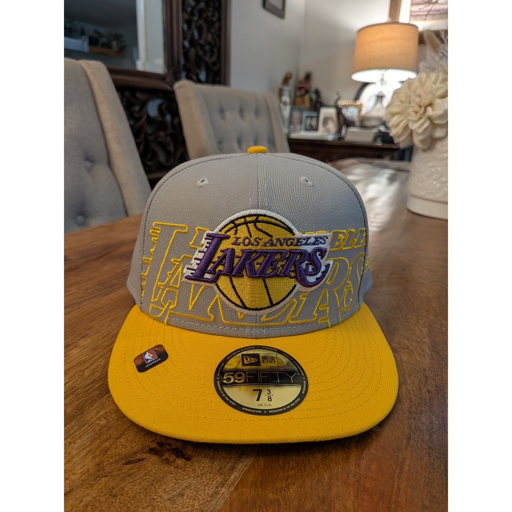 Rare New Era 59FIFTY LA Lakers 2023 NBA Draft Fitted Hat Grey Yellow 7 3/8